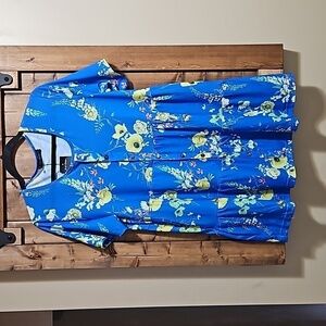 Jolie Clothes Blue Yellow Green Floral Cotton Tiered Coverup Top Size Medium